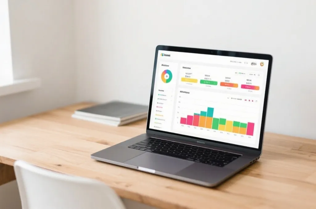 A bright and minimal workspace with a laptop screen displaying a colorful match statistics interface and data diagrams.